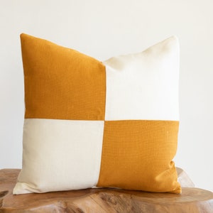 Golden Mustard Double Solid Square on Off-White Linen Decorative Pillow Cover