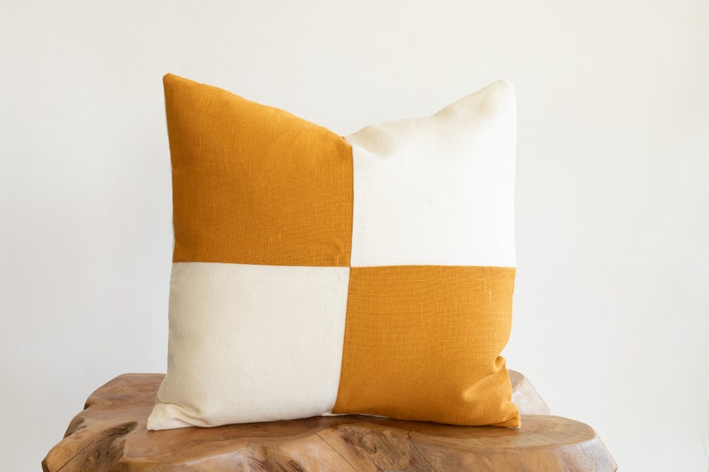 Golden Mustard Double Solid Square on Off-White Linen Decorative Pillow Cover image 1