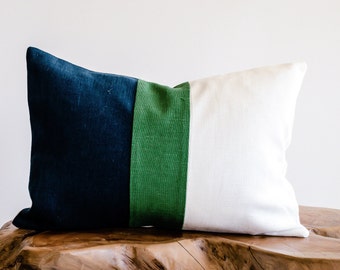 Deep-Ocean Blue/Emerald Green/Off-White Rectangular Color-Blocked Linen Decorative Pillow Cover