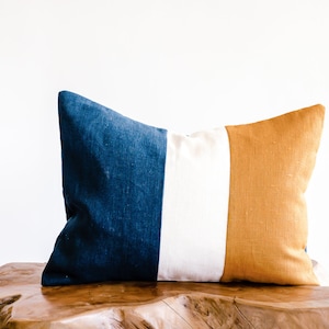 12 x 16 Deep-Ocean Blue/Off-White/Golden Mustard Rectangular Color-Blocked Linen Decorative Pillow Cover