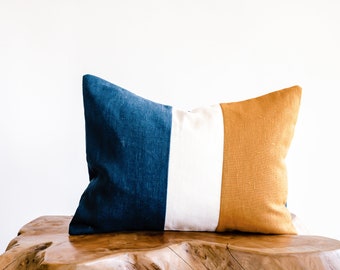 12 x 16 Deep-Ocean Blue/Off-White/Golden Mustard Rectangular Color-Blocked Linen Decorative Pillow Cover
