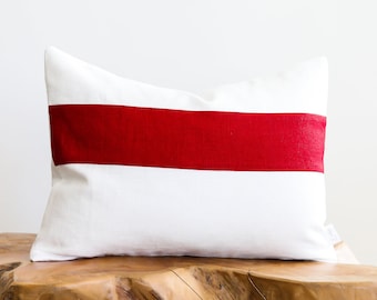 12 x 16 Deep-Red Horizontal Stripe on Off-White Linen Decorative Pillow Cover