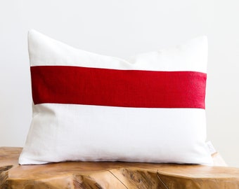 12 x 16 Deep-Red Horizontal Stripe on Off-White Linen Decorative Pillow Cover