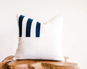 Deep-Ocean Blue Striped Square on Off-White Linen Decorative Pillow Cover