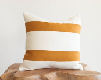 Golden Mustard Double Stripes on Off-White Linen Decorative Pillow Cover