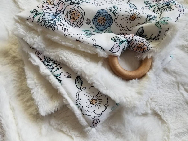 Floral Baby Blanket with Teething Ring Pink and Blue Etsy