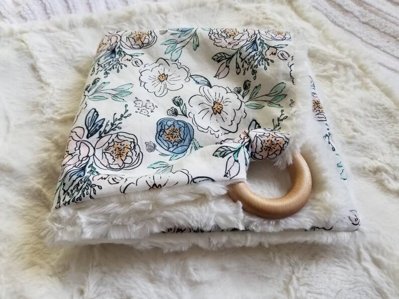 Floral Baby Blanket with Teething Ring Pink and Blue Etsy