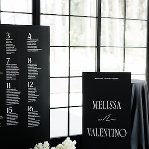 Puede incluir: Plano de asientos de boda en blanco y negro con los nombres Melissa y Valentino en un cartel separado. Los carteles están sobre un suelo de ajedrez blanco y negro.