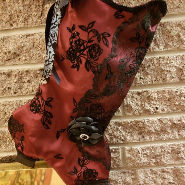 Handmade gothic burgundy satin black lace Victorian heeled boot Christmas stocking with bows & flower Yule/Jul weihnachtsstiefel