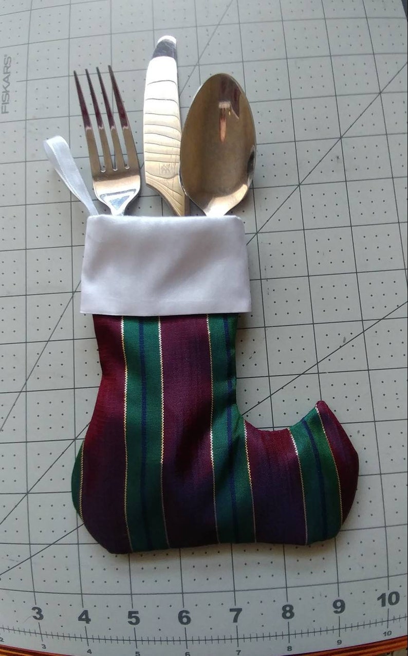 Mini striped taffeta Christmas stocking YuleJul tree ornament Handmade gift card andor silverware holder
