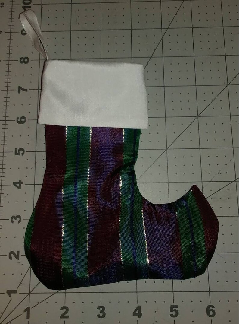 Mini striped taffeta Christmas stocking YuleJul tree ornament Handmade gift card andor silverware holder