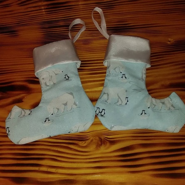 Handmade gift card and/or silverware holder! Mini polar bear and penguin glittery Christmas stocking Yule/Jul tree ornament