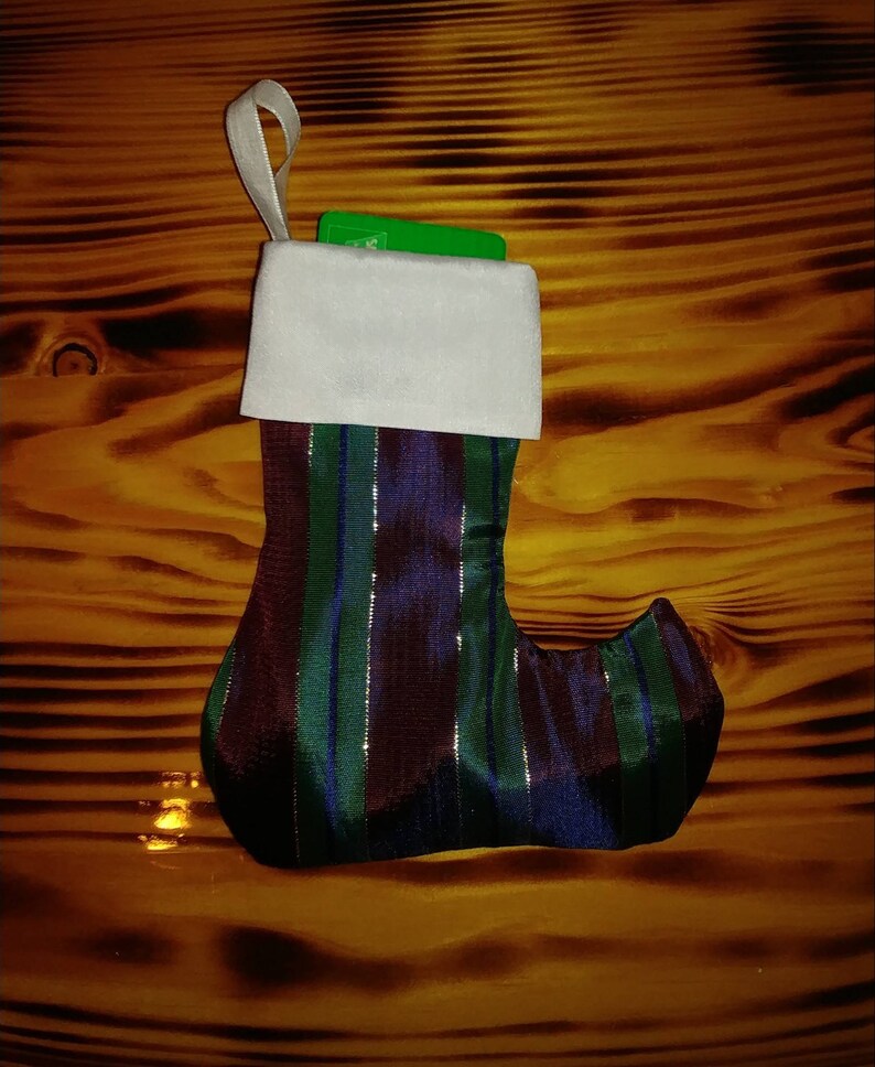 Mini striped taffeta Christmas stocking YuleJul tree ornament Handmade gift card andor silverware holder