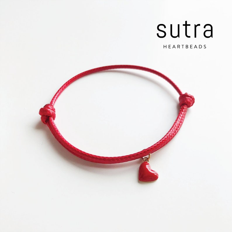 Red String Bracelet With Red Heart Charm Vegan Waxed Cord Etsy