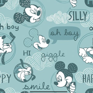 May include: A repeating pattern featuring Mickey Mouse and Pluto in various poses, with speech bubbles and text like "Silly," "Oh Boy," and "Happy." The design is in shades of blue and white, creating a playful and whimsical aesthetic.