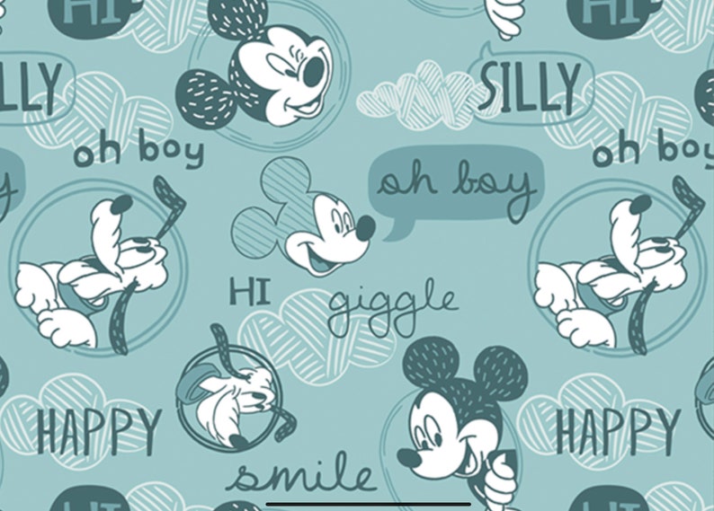 May include: A repeating pattern featuring Mickey Mouse and Pluto in various poses, with speech bubbles and text like "Silly," "Oh Boy," and "Happy." The design is in shades of blue and white, creating a playful and whimsical aesthetic.