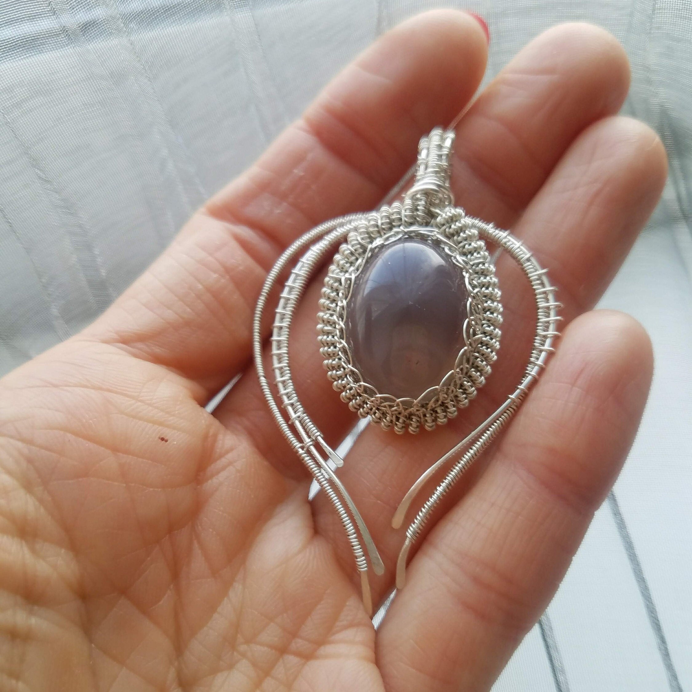Wire wrap leaf necklace with gray agate. Silver Wire wrapped Etsy