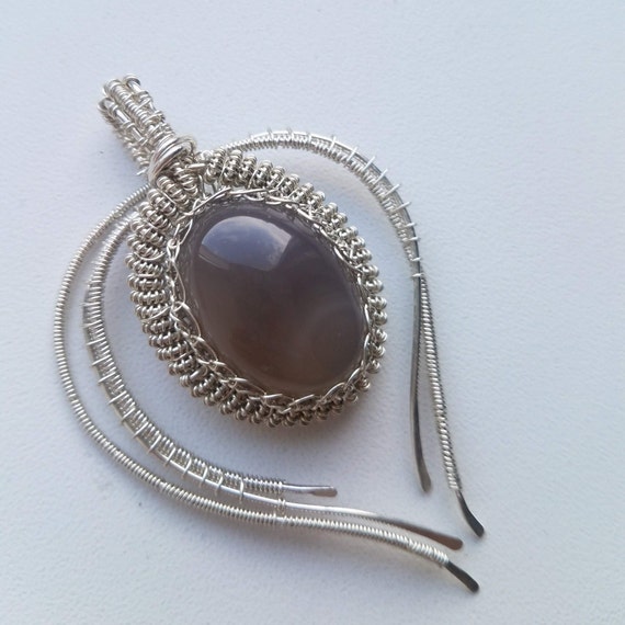 Wire wrap leaf necklace with gray agate. Silver Wire wrapped Etsy