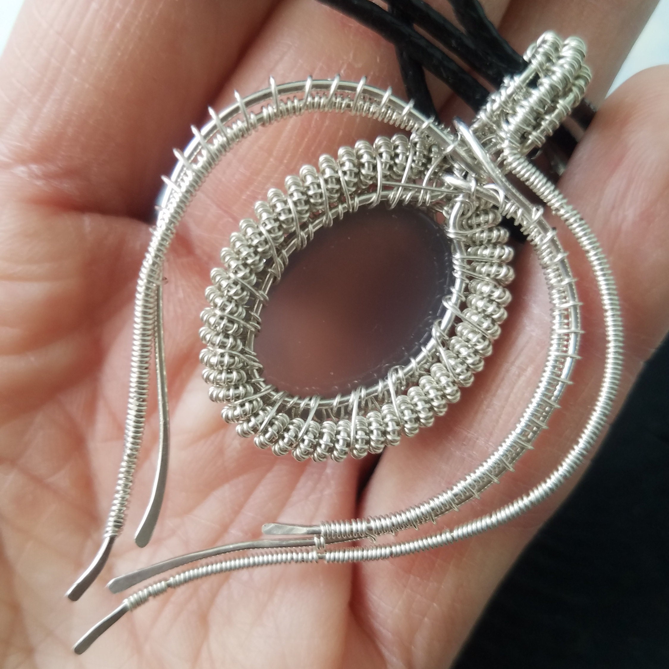 Wire wrap leaf necklace with gray agate. Silver Wire wrapped Etsy