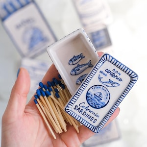 Handmade Ceramic Matchbox & Mini Jewelry Box – Sardines Pattern, Hand-Painted Trinket Box