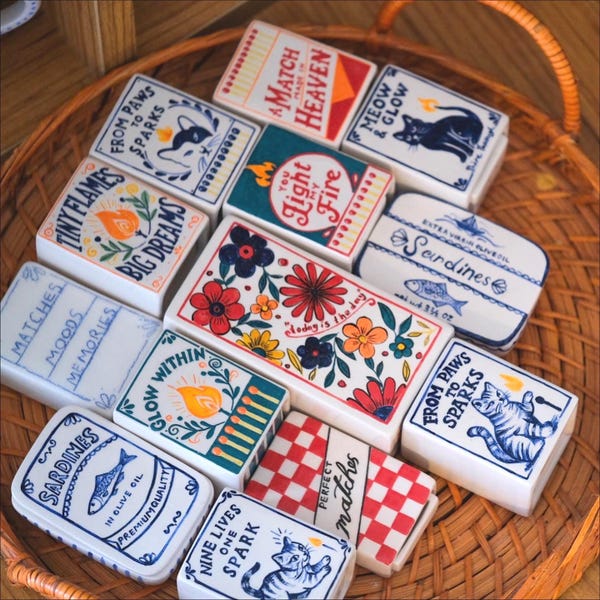 Handmade & Hand-Painted Ceramic Matchbox with Drawer – Tiny Jewelry Box, Unique Pottery Gift