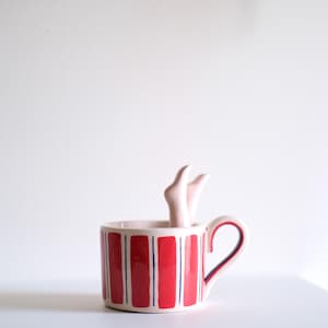 Handmade Ceramic Espresso Mug with Legs – Red or Navy Striped Coffee Cup – Quirky Sculptural Pottery – Unique Gift for Art & Design Lovers