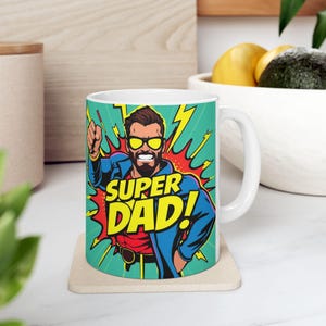 Superbohaterski Tata Ceramiczny Kubek, Prezent Na Dzień Ojca, Kubek Do Kawy W Stylu Komiksowym Hero Dad, 11oz, 15oz, Prezent Dla Superbohatera Ojca, Miłośnika Komiksów