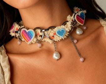 Y2K Rainbow Heart Plush Choker Necklace | Handmade Harajuku Pastel Jewelry | Sweet-Cool Cottagecore Necklace