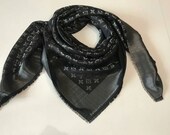 Shiny black shawl black cashmere shawl square scarf. Black wool scarf silver monogram scarf.