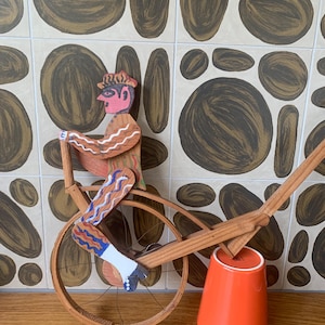 Vintage Scratch Built Wood Toy Cyclist with Bell - Folk Art - Hand Painted