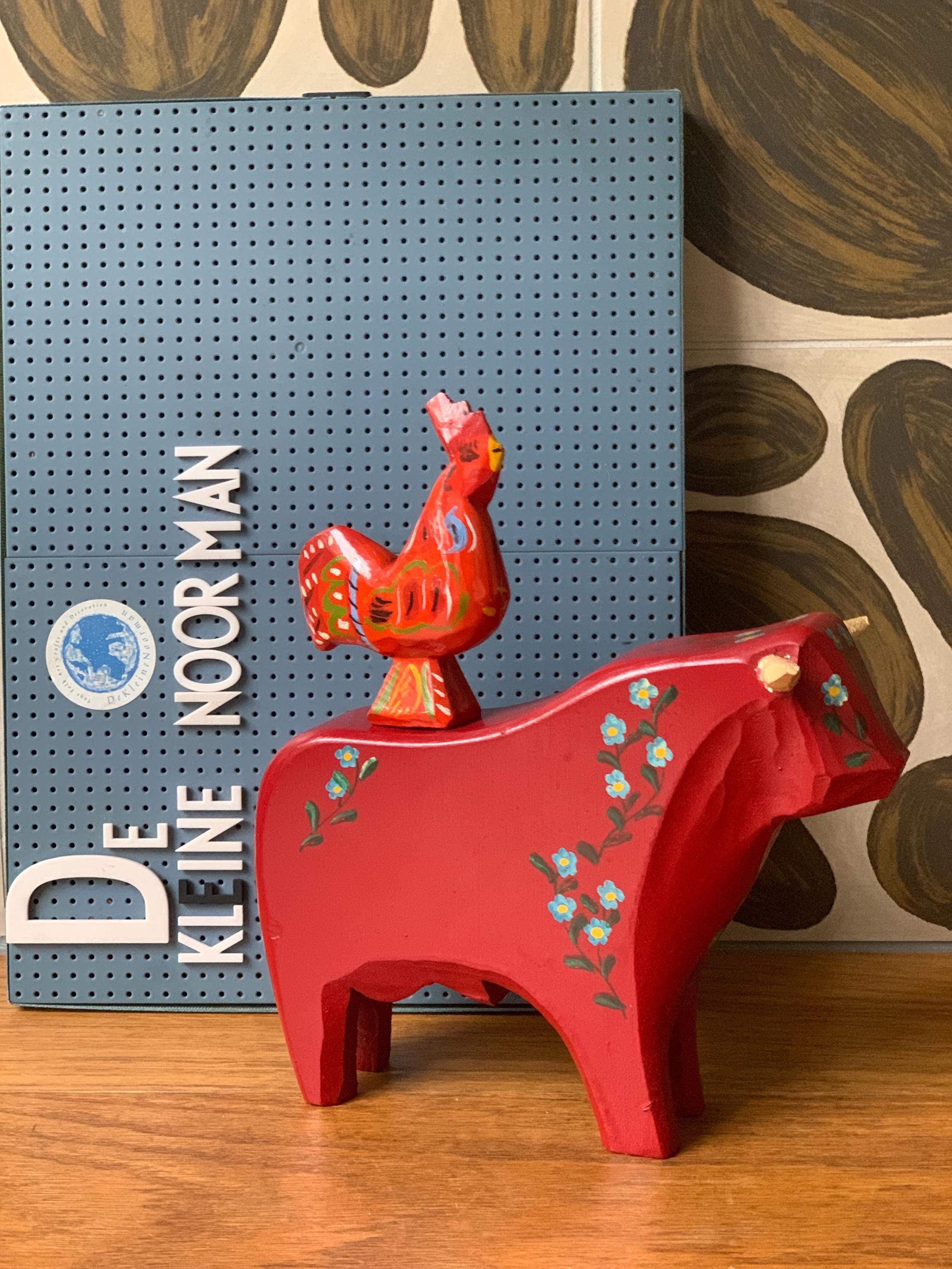 Vintage Wooden Swedish Dala Set / Rooster and Bull / Akta Dala