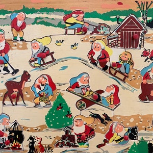 Vintage plywood lekplatta av Simplex - Dvärgar i vinterland - Nr 187 / tillverkad i Holland