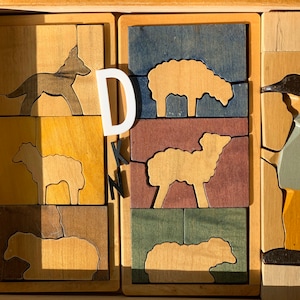 Vintage houten cluster/opstaan herder, hond en schaap puzzels/ostheimer stijl/waldorf stijl/Zwitserse antonio vitali stijl houten puzzel