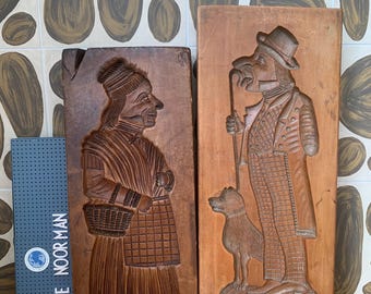raro set vintage di stampi in legno per biscotti Speculoos - Speculaasplank - olandese - vintage - tavola per biscotti di pan di zenzero - coppia dal naso grande / cacciatore