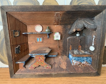 Vintage DDR-houten 3D-schilderij - Bauernstube - Boerderijkeuken - Volkskunst Ertsgebergte