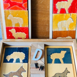 Vintage houten cluster/opstaan boerderij bosdieren puzzels/ostheimer stijl/waldorf stijl/Zwitserse antonio vitali stijl houten puzzel