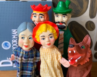 5 vintage Handpuppets  / Storybook Rubber Head Fabric Body Hand Puppets - Little Red Riding Hood / Wolf / Grandma