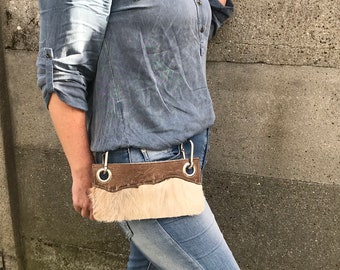 Brown leather hair on hide hip bag Leather fanny pack Leather festival bum bag Leather festival bag