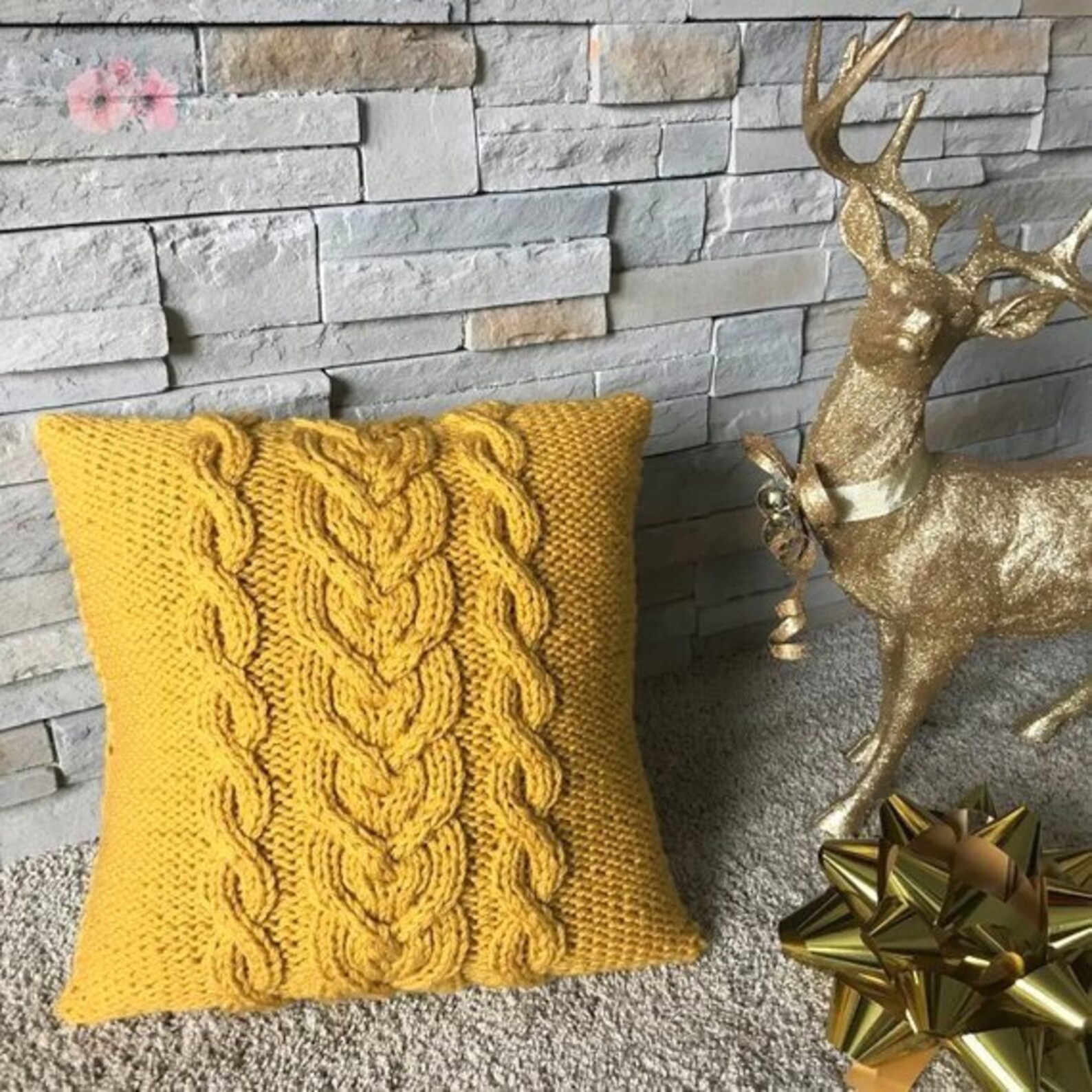 READY TO Shiphand Knit Pillow Cover in Mustard With Buttons Etsy