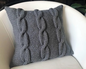 Hand Knit Cable Pillow Cover: Dark Gray Throw Pillow, 18" Square