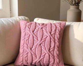Hand Knit Cable Pillow Cover: Soft Rose Accent Pillow with Buttons
