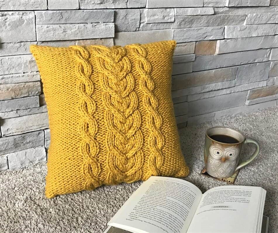 READY TO Shiphand Knit Pillow Cover in Mustard With Buttons Etsy