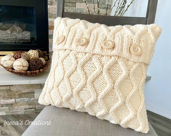 READY TO SHIP Diamond Hand Knit Pillow Cover in Ivory with Buttons 18" x 18", Decorative Knitted Cushion Cover, Accent Pillow