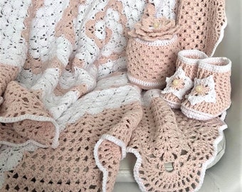 Blush and White Crochet Baby Set with Blanket, Hat and Booties - – Cotton Acrylic Blend- Baby Shower Gift - Newborn Gift