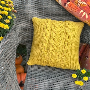 READY TO SHIP-Hand Knit Pillow Cover in Mustard with Buttons, Optional Insert, Accent Pillow, Home Decor Gift
