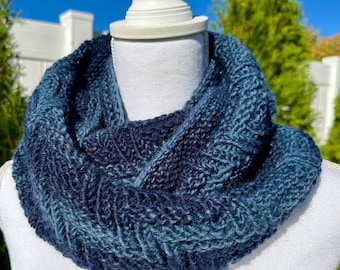Hand Knit Ombré Wool Cowl Scarf: Denim Navy Infinity Scarf