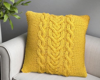 Hand Knit Pillow Cover: Mustard Cable Knit with Buttons