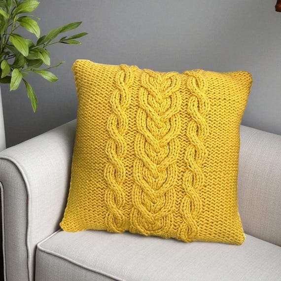 Hand Knit Pillow Cover: Mustard Cable Knit with Buttons