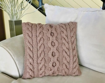 Handgebreide kussensloop: warmbruin gebreid kabelpatroon met knopen, 16 x 16 inch, woondecoratie