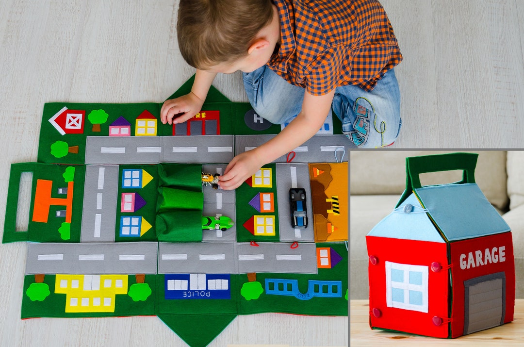 Felt Car Play Mat Kids Road Map Play Mat Track for Boy Toy Car Storage